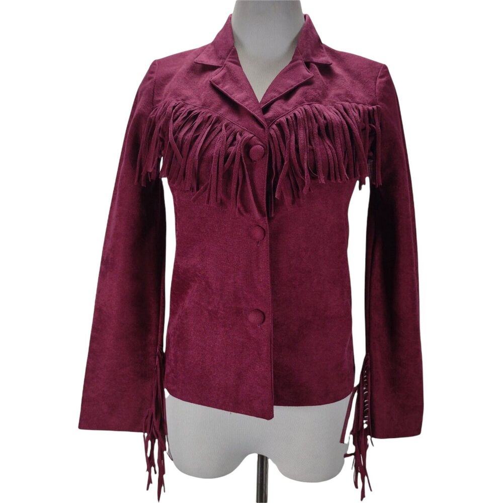 Vintage 70s Burgundy Western Fringe Jacket Size XS Rancher Hippie Vegan Suede